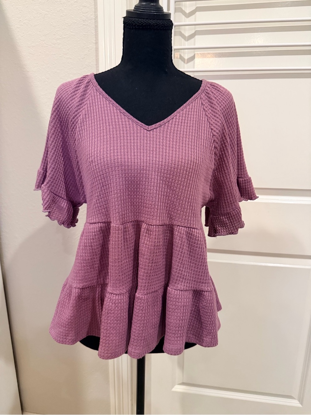 Altar'd State Dusty Mauve Waffle Knit Ruffled Peplum Top